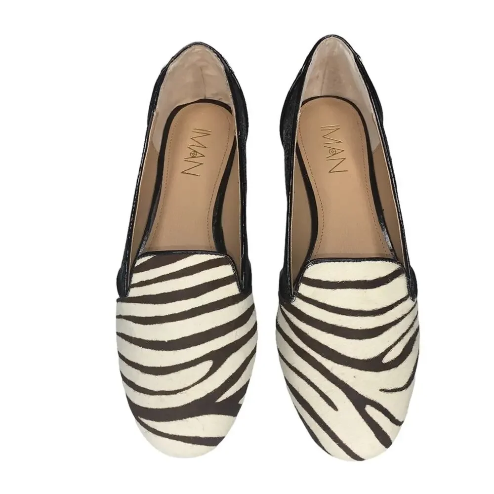 IMAN calf hair zebra print size 6.5M flats brown and beige glittery side… - Picture 3 of 14